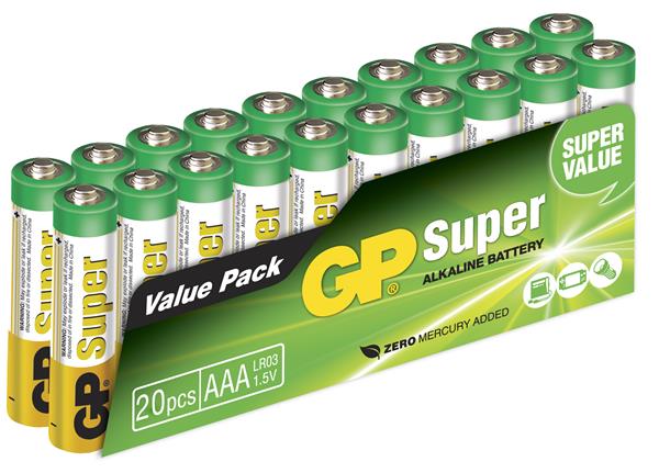GP Super Alkaline Battery, Size AAA, LR03, 1.5V, 20-pack