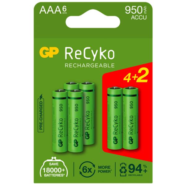 GP ReCyko Rechargeable Battery, Size AAA, 950 mAh, 4+2-pack