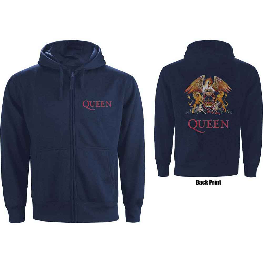 Queen: Unisex Zipped Hoodie/Classic Crest (Back Print) (Small)