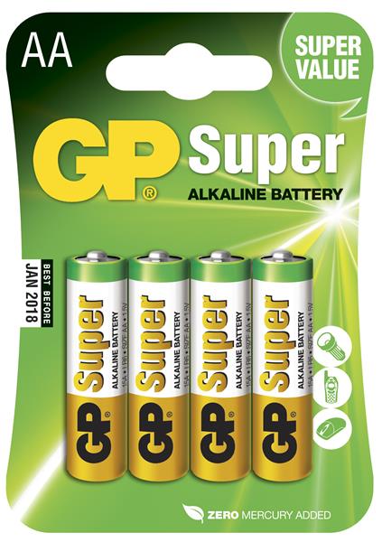 GP Super Alkaline Battery, Size AA, LR6, 1.5V, 4-pack