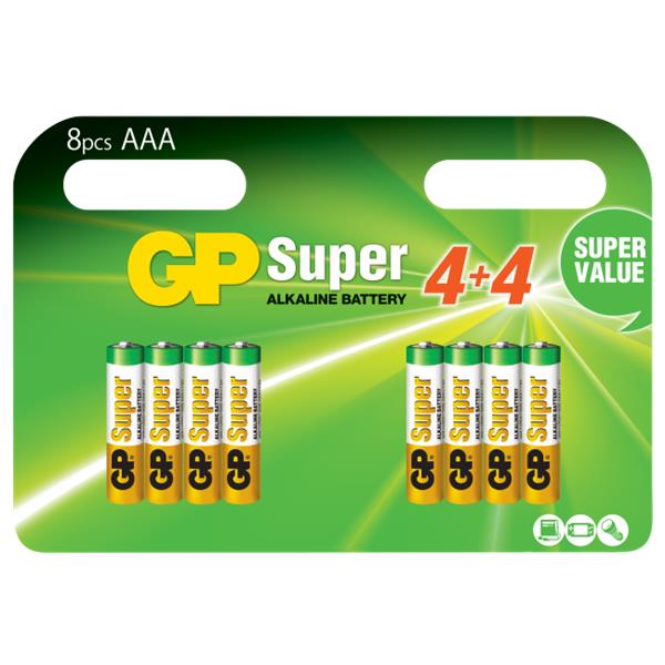 GP Super Alkaline Battery, Size AAA, LR03, 1.5V, 4+4-pack