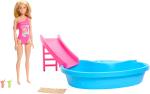 Barbie - Doll And Pool Playset, Blonde With Pool, Slide, Towel And Drink Accessories