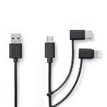 Nedis 3 i 1 kabel | USB 2.0 | USB-A Hane | Apple Lightning, 8-stifts / USB Micro-B Hane / USB-C- Hane | 480 Mbps | 1.00 m | Nickelplaterad | Rund | PVC | Svart | Label