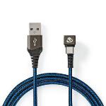 Nedis USB-kabel | USB 2.0 | USB-A Hane | USB-C- Hane | 480 Mbps | Guldplaterad | 2.00 m | Rund | Flätad / Nylon | Blå / Svart | Kartong med täckt fönster