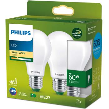 Philips: 2-pack LED E27 Normal 4W (60W) Frostad 840lm 2700K Energiklass A
