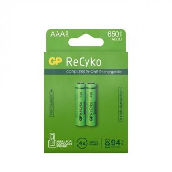 GP ReCyko Rechargeable Battery, Size AAA, 650 mAh, 2-pack (Ideal for Cordless Phone)
