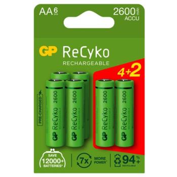 GP ReCyko Rechargeable Battery, Size AA, 2600 mAh, 4+2-pack
