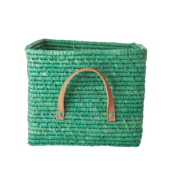 Rice - Small Square Raffia Basket with Leather Handles - Green