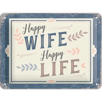 Plåtskylt Retro 15x20 cm / Happy wife Happy life
