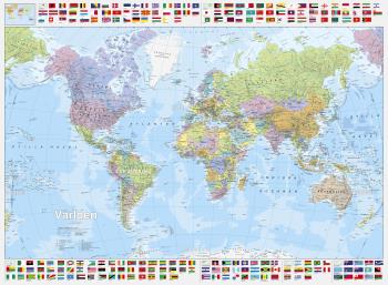 Världen Väggkarta Politisk Med Flaggor, 1-30m I Papptub Kartförlaget