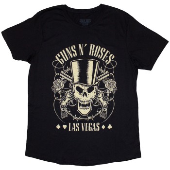 Guns N Roses: Guns N' Roses Ladies T-Shirt/Top Hat, Skull & Pistols Las Vegas (Black) (Small)
