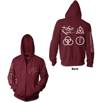 Led Zeppelin: Unisex Zipped Hoodie/Symbols (Maroon Red) (Back Print) (Small)