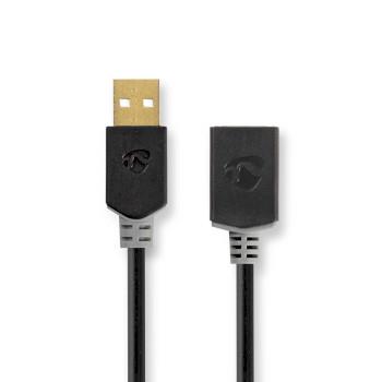 Nedis USB-kabel | USB 2.0 | USB-A Hane | USB-A Hona | 480 Mbps | Guldplaterad | 2.00 m | Rund | PVC | Antracit | Kartong med fönster