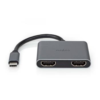 Nedis USB-C- Adapter | 2-in-1 | USB 3.2 Gen 1 | USB-C- Hane | 2x HDMI- | 4K@30Hz | 0.10 m | Rund | Nickelplaterad | PVC | Svart | Låda