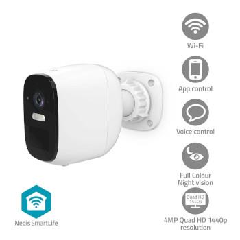 Nedis SmartLife Utomhus Kamera | Wi-Fi | Spotlight | 4MP Quad HD 1440p / 2560x1440 | IP66 | Max. batteritid: 10 Månader | microSD (ingår inte) / Molnlagring (tillval) | 5 V DC | Med rörelsesensor | Nattsikt | Vit