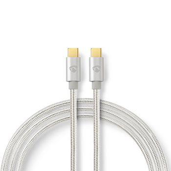 Nedis USB-kabel | USB 2.0 | USB-C- Hane | USB-C- Hane | 100 W | 480 Mbps | Guldplaterad | 2.00 m | Rund | Flätad / Nylon | Silver | Kartong med täckt fönster