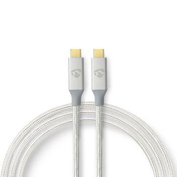 Nedis USB-kabel | USB 3.2 Gen 2x2 | USB-C- Hane | USB-C- Hane | 100 W | 20 Gbps | Guldplaterad | 1.00 m | Rund | Flätad / Nylon | Silver | Kartong med täckt fönster