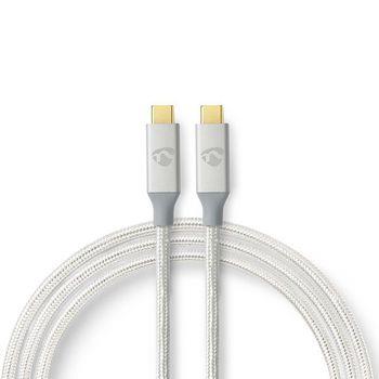 Nedis USB-kabel | USB 3.2 Gen 2x2 | USB-C- Hane | USB-C- Hane | 100 W | 4K@60Hz | 20 Gbps | Guldplaterad | 2.00 m | Rund | Flätad / Nylon | Silver | Kartong med täckt fönster